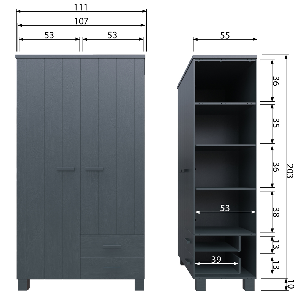 woood Kleiderschrank Dennis Schrank Kiefer Stahlgrau grau