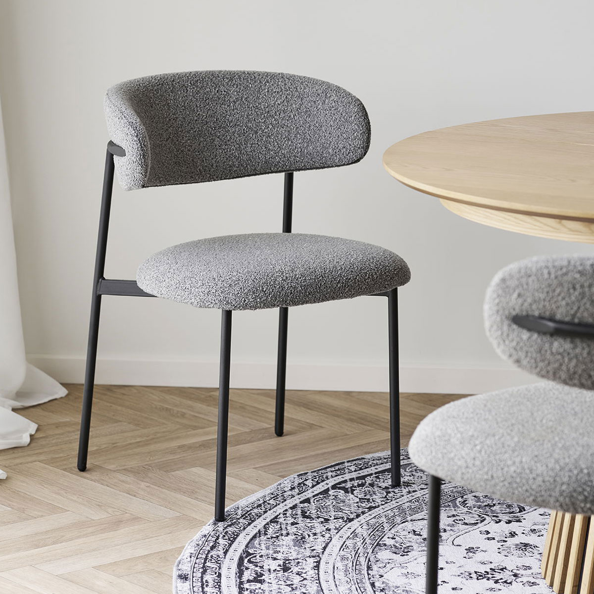2er Set Esstischstuhl LINA Bouclé hellgrau Dinnerstuhl