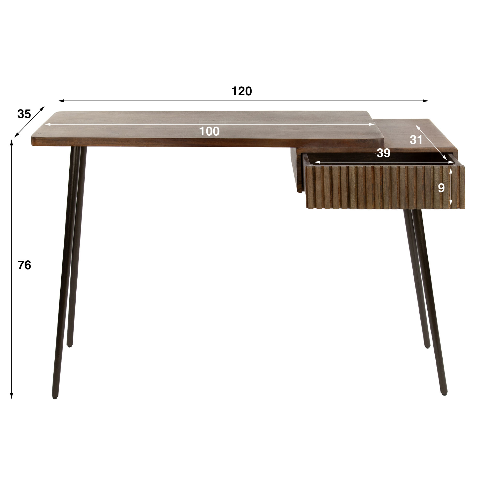 Schminktisch Konsolentisch SOUL 120 cm Akazie massiv braun Metall