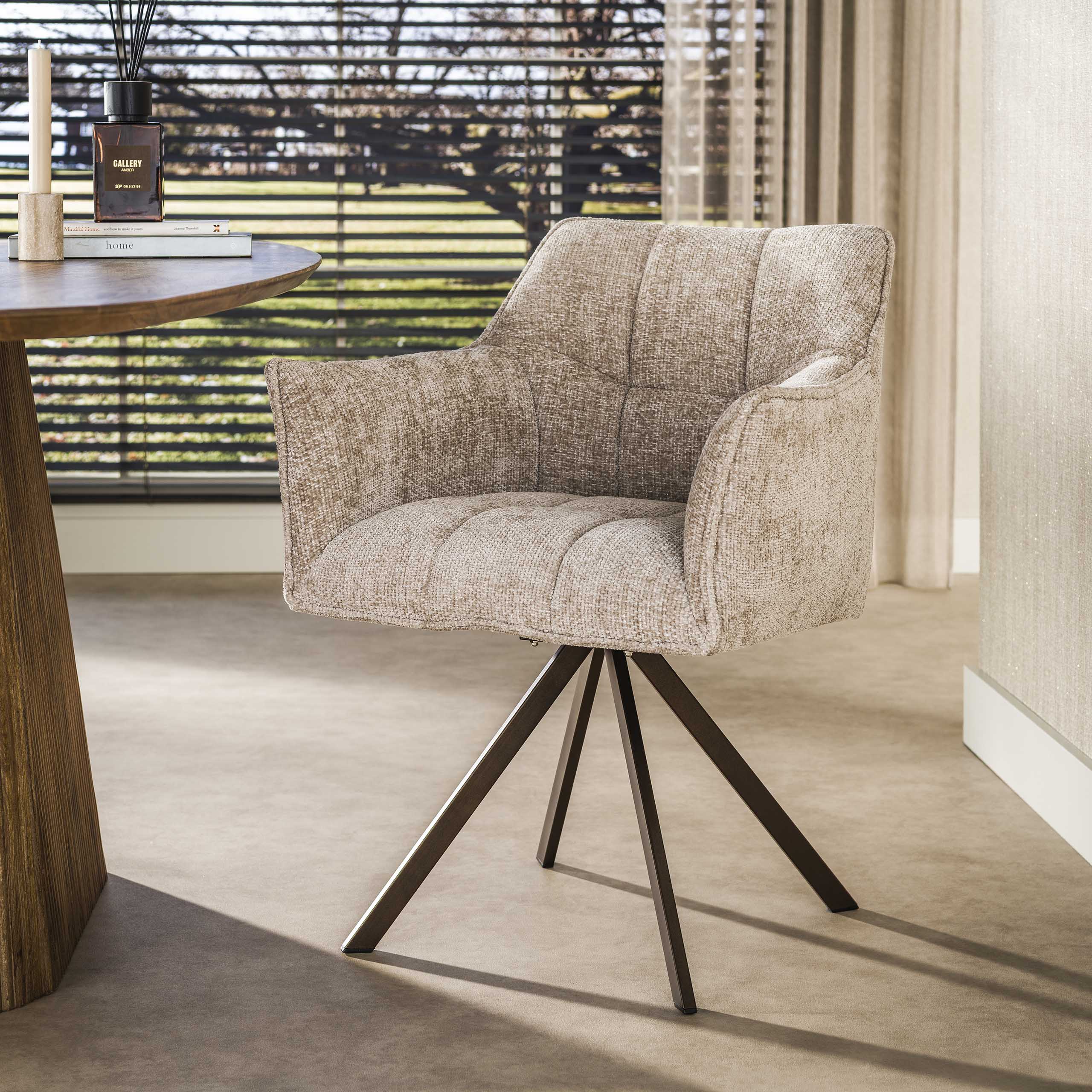 2er Set Armlehnstuhl Fino weiches CHENILLE sand drehbar Beine braun