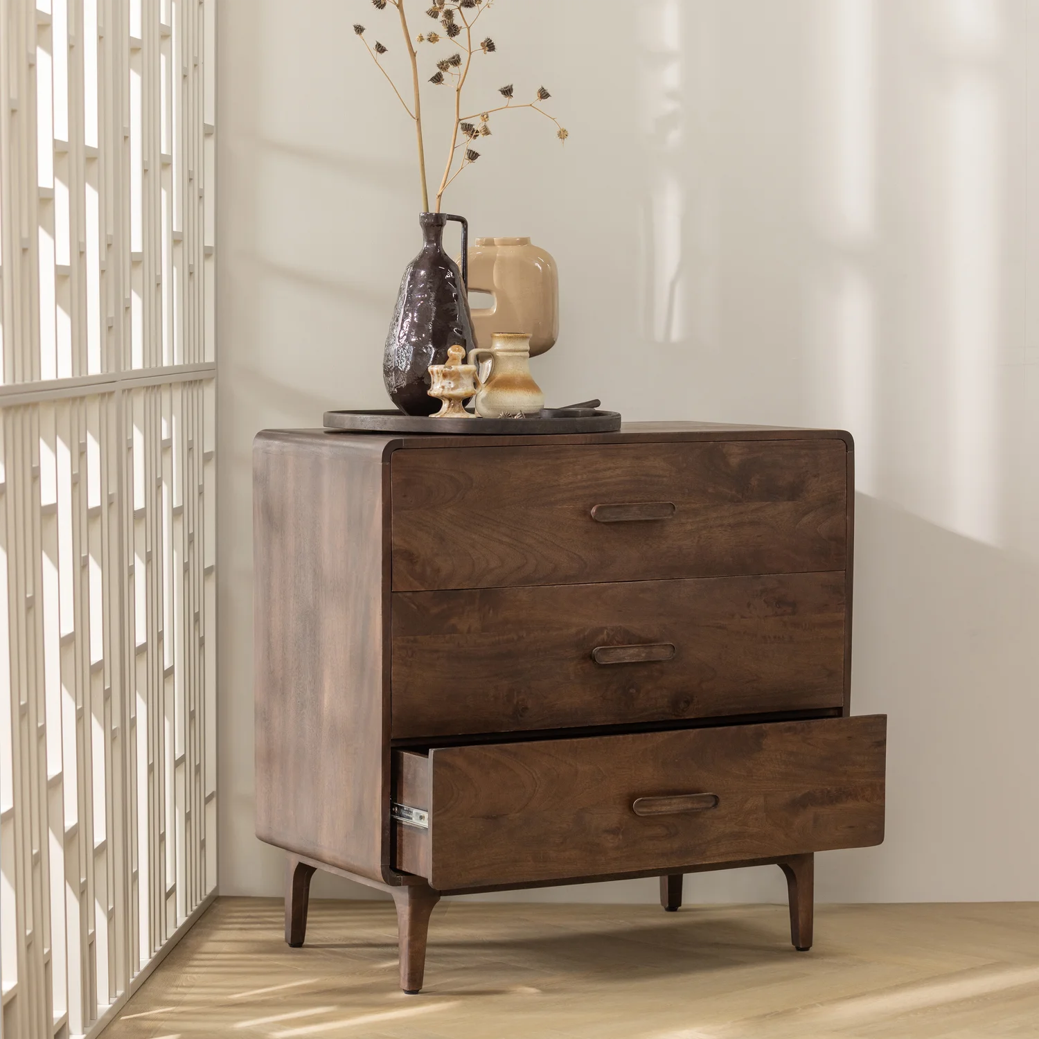 Sideboard LIYA B 90 cm Schubladenschrank Mangoholz dunkelbraun