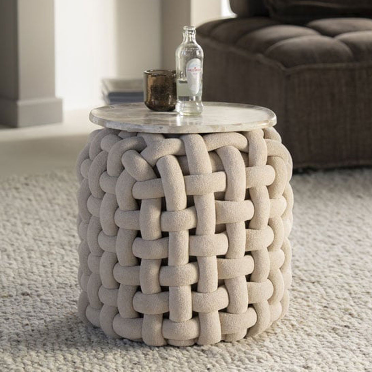 Pouf Poofie Ø 44 cm Wolle beige Hocker Sitzhocker