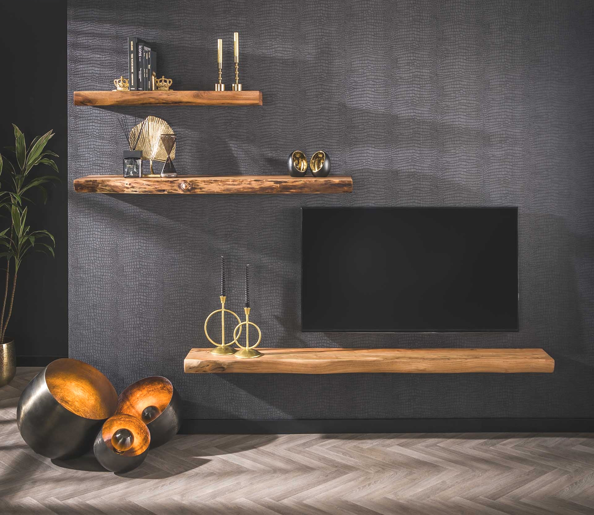 Wandregal Holzregal  Regal 150 cm Akazie mit Baumkante