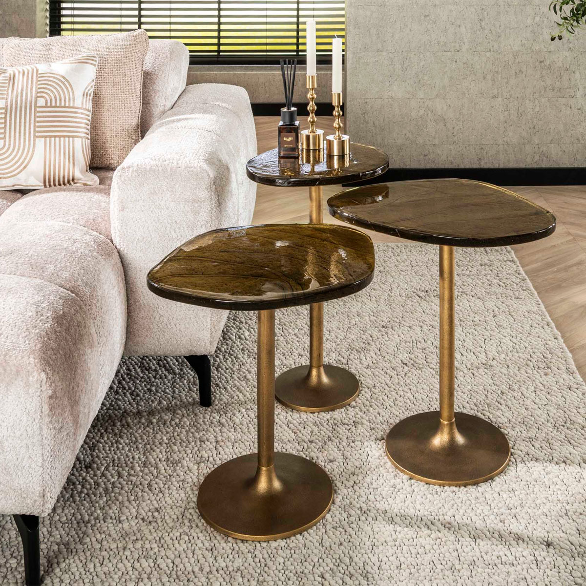 Beistelltisch Ellipse L Metall Glas Gold antik Finish