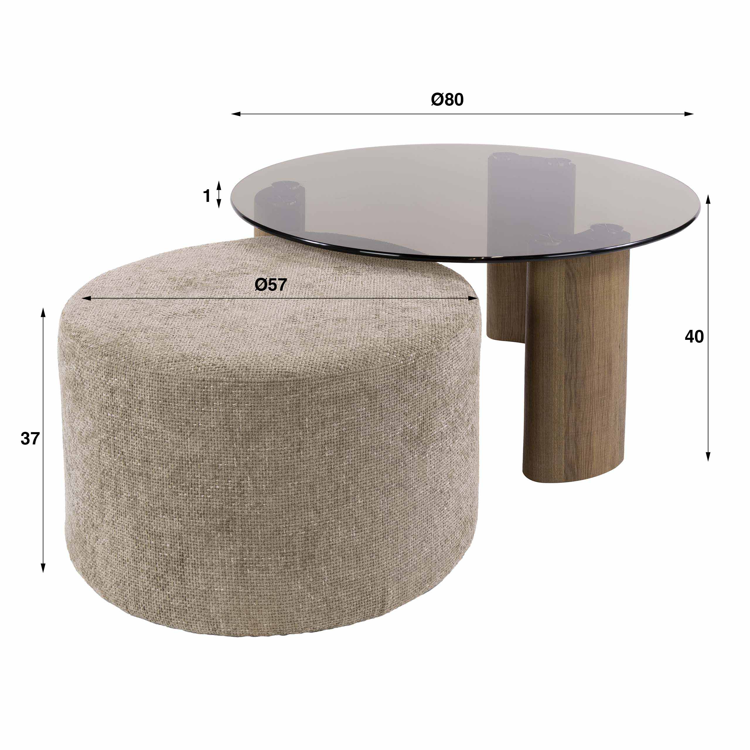 Set Couchtisch SAMOS rund Ø 80 cm Glasplatte mit Pouf sandfarben