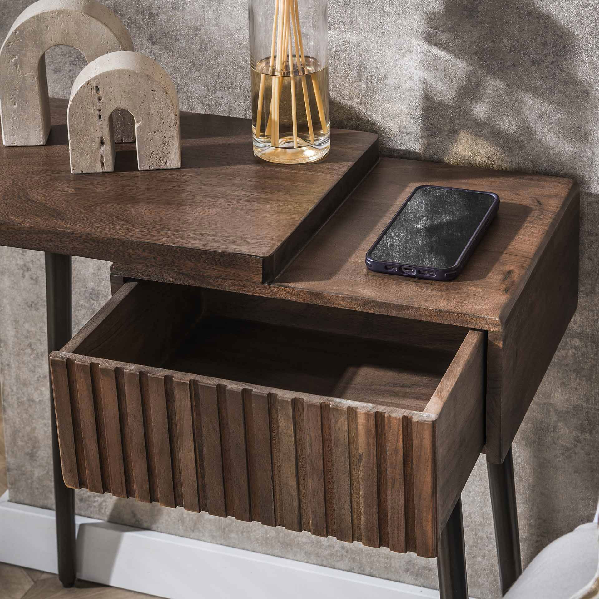 Nachttisch SOUL mit Schublade rechts Akazie Massivholz braun Metall Nachtschränkchen