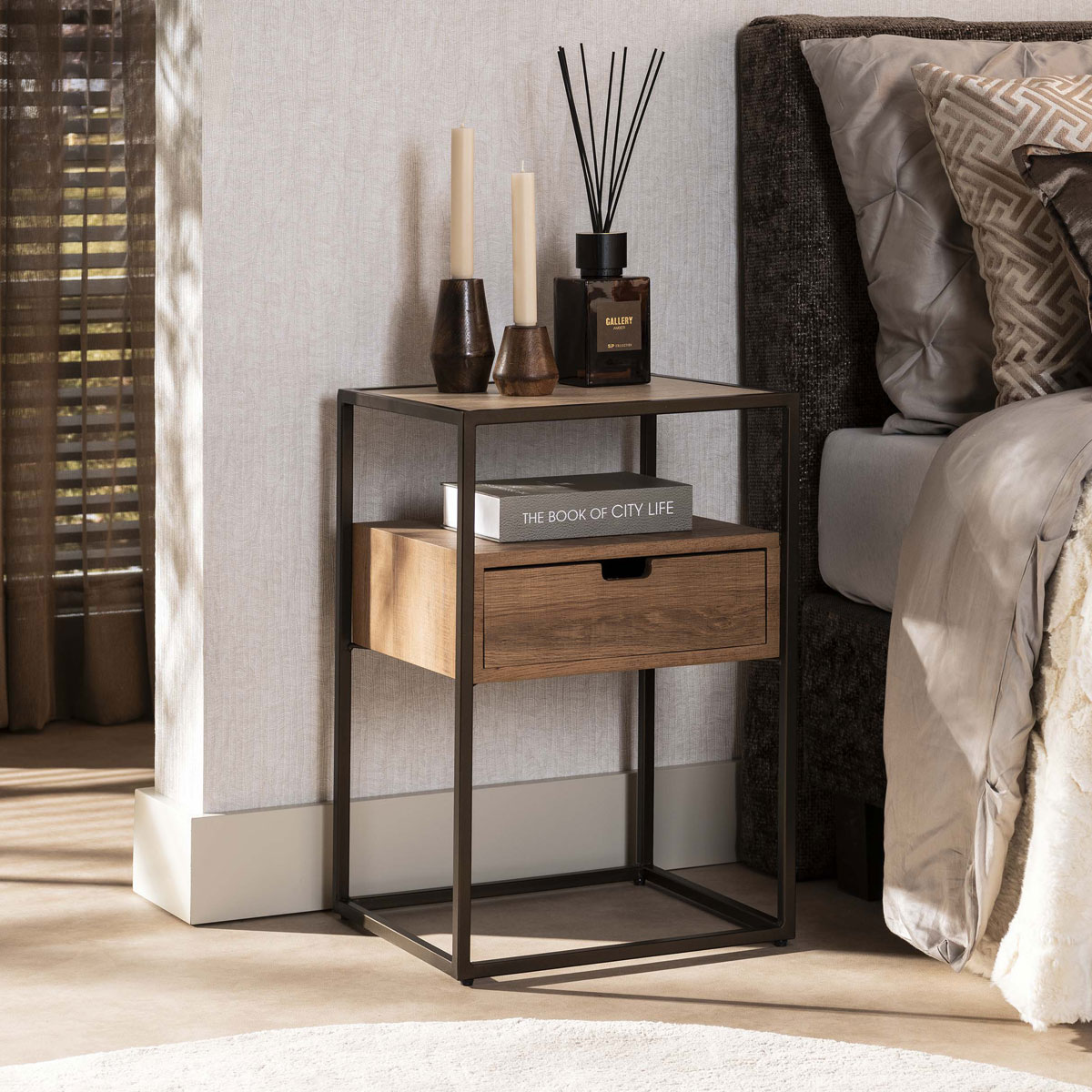 Nachttisch VENZA H 602 cm Keramik Travertinplatte mit Schublade Eichenoptik Metall bronze