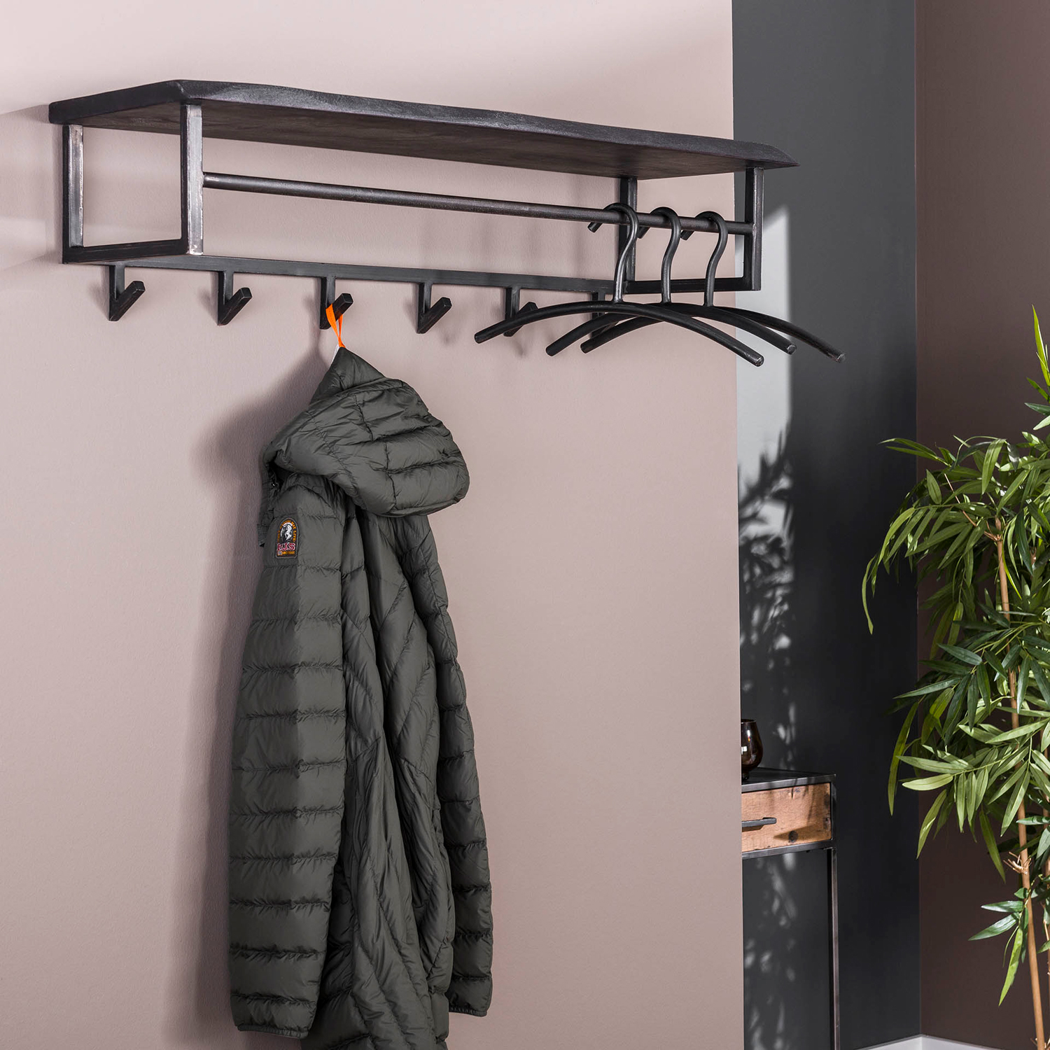 Wandgarderobe B 100 cm 6 Haken Stange Metall Akazie Garderobe Hängegarderobe