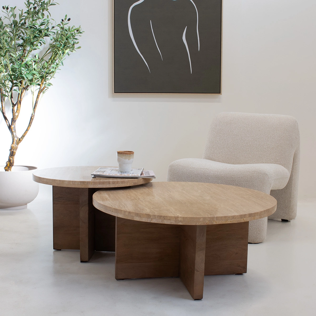 2er Set Beistelltisch Couchtisch Reno rund Ø 60 & 80 cm Travertinplatte Mangoholz dunkel Tisch
