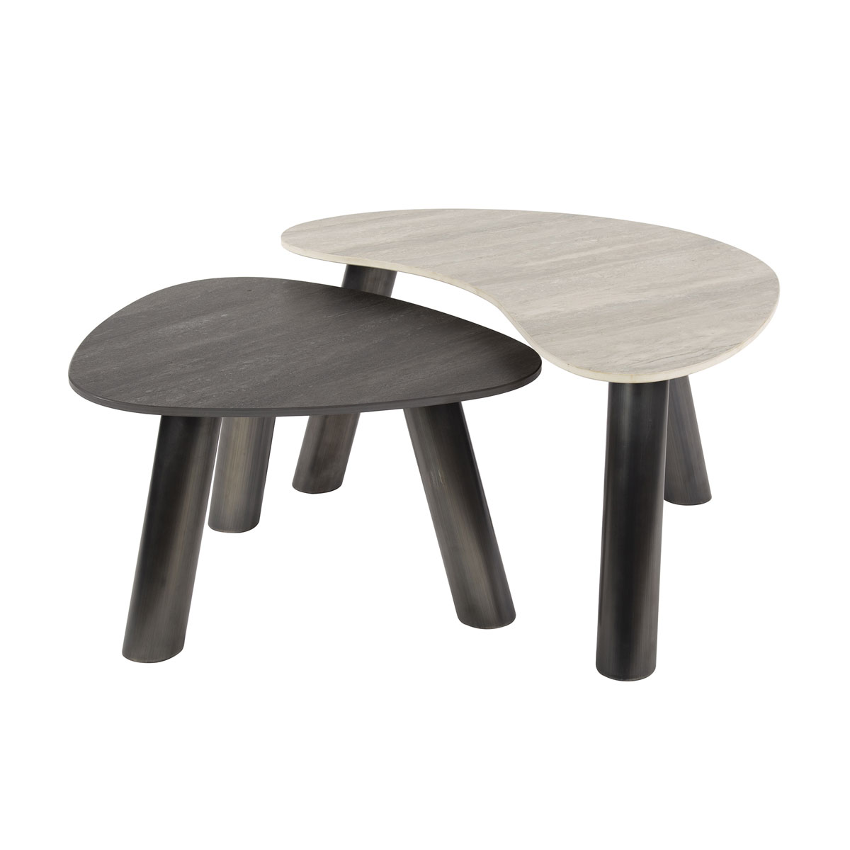 2er Set Couchtisch Bianco & Nero II organisch Travertin Edelstahl