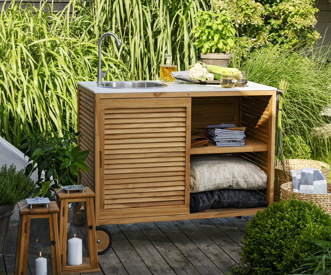 Outdoor Küche Teakholz Außenküche weiss Marmor-Look