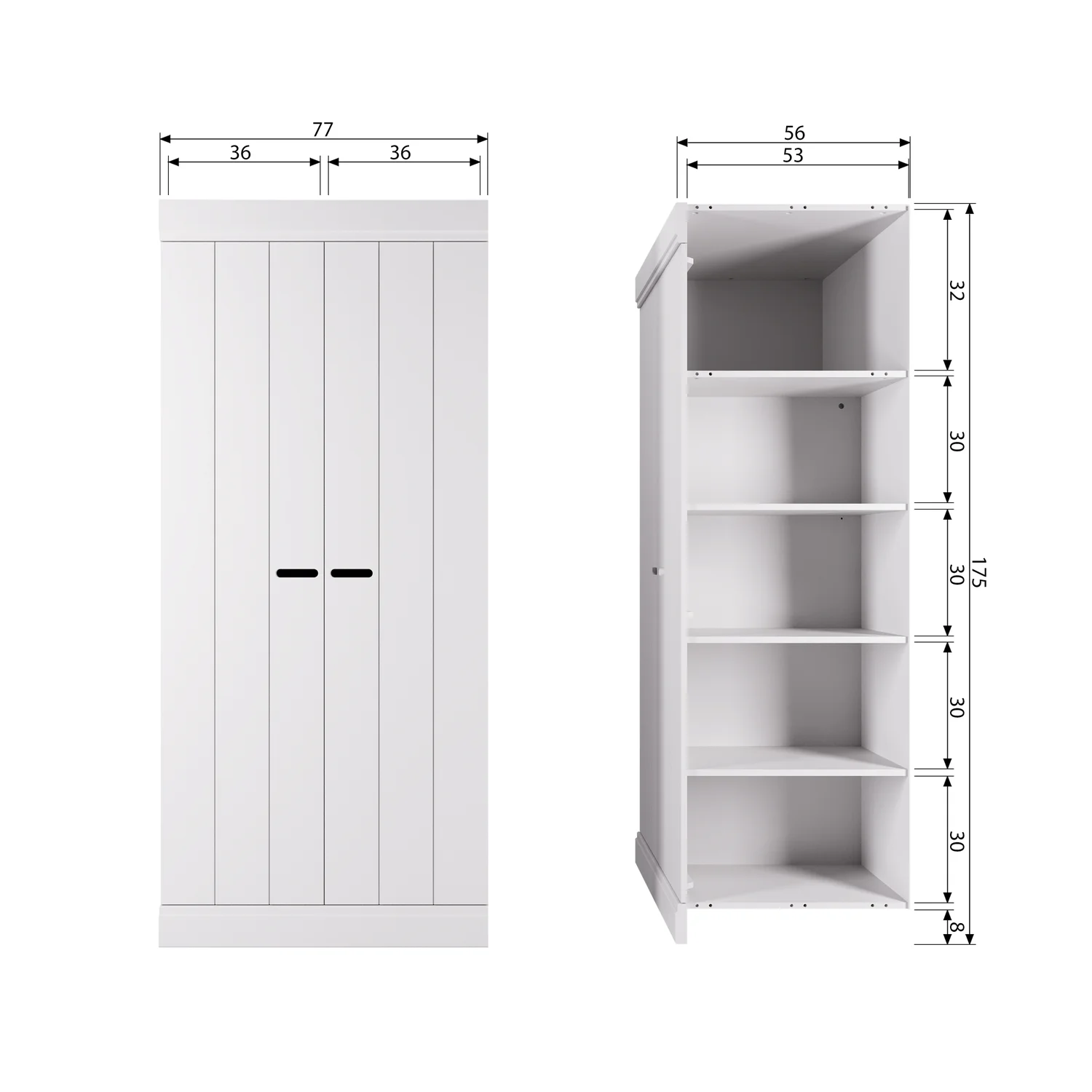 Kleiderschrank Schrank CONNECT 2-türig 77 cm Kiefer Massivholz weiß