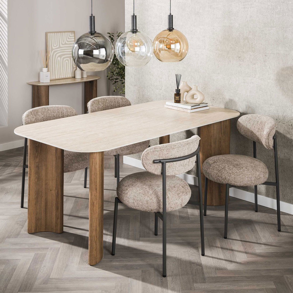 Esstisch FLORENZO 180 x 90 cm Keramikplatte Travertinoptik Eichenoptik