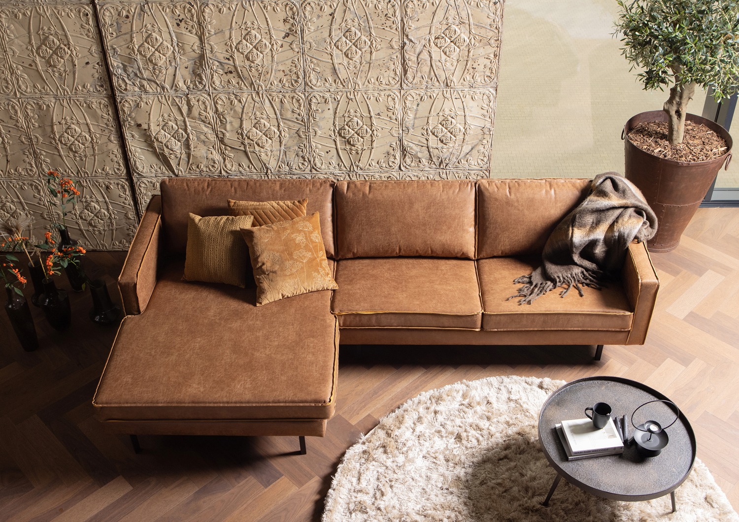 Ecksofa Rodeo recyceltes Leder Cognac Recamiere links