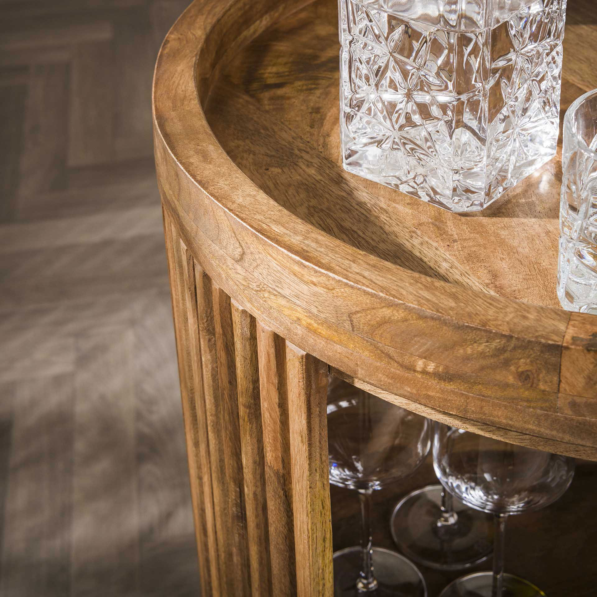 Weintrolley SWELL mit Tablett Mango Massivholz sand Trolley auf Rollen Beistelltisch 
