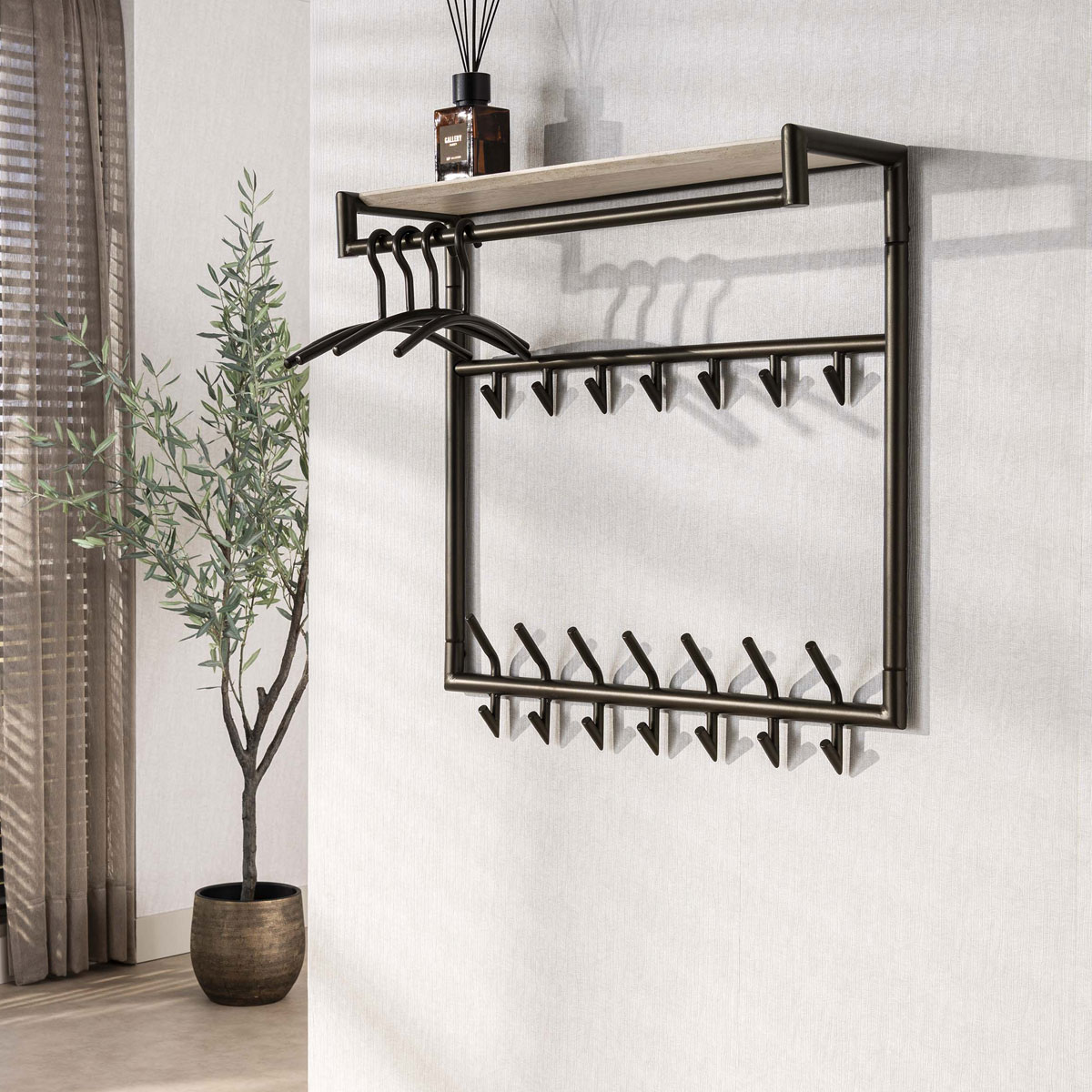 Wandgarderobe NERO B 85 cm mit 21 Haken Hutablage Travertin-Optik Metall Bronzefinish