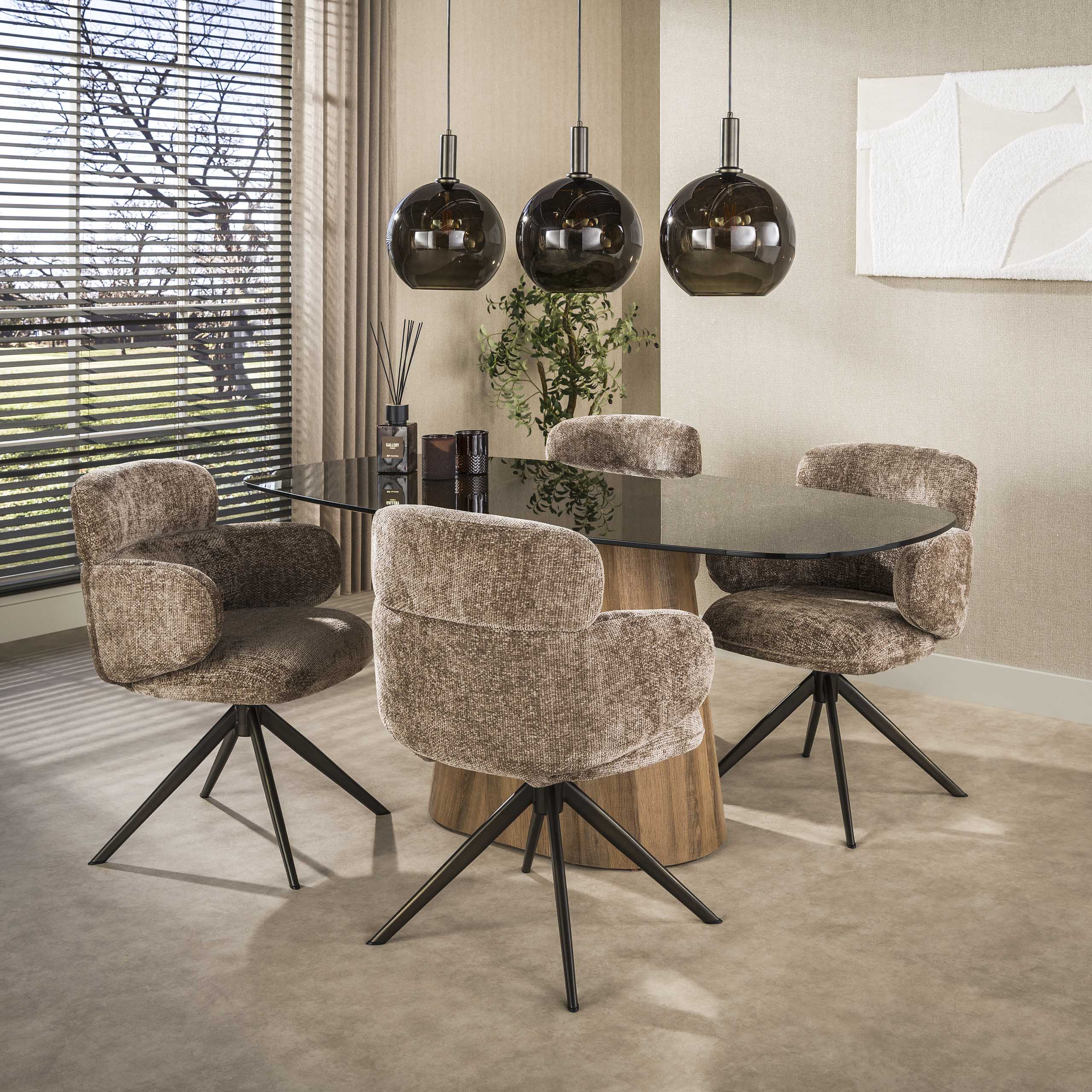 2er Set Esszimmerstuhl ALEXA drehbar Chenille champagner braune Beine