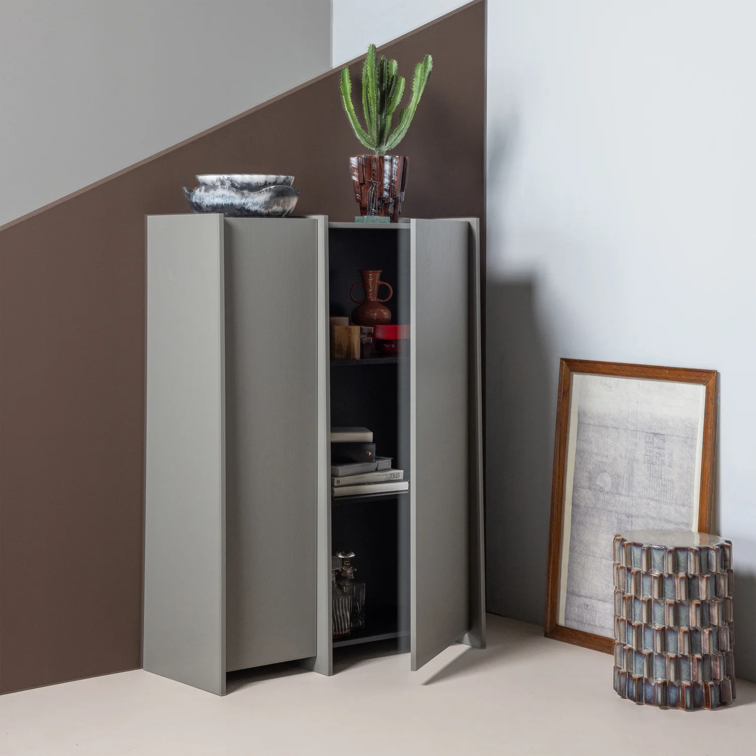 Schrank Aufbewahrungsschrank BROCK H 140 cm 2-türig Esche Funrier warmgrau