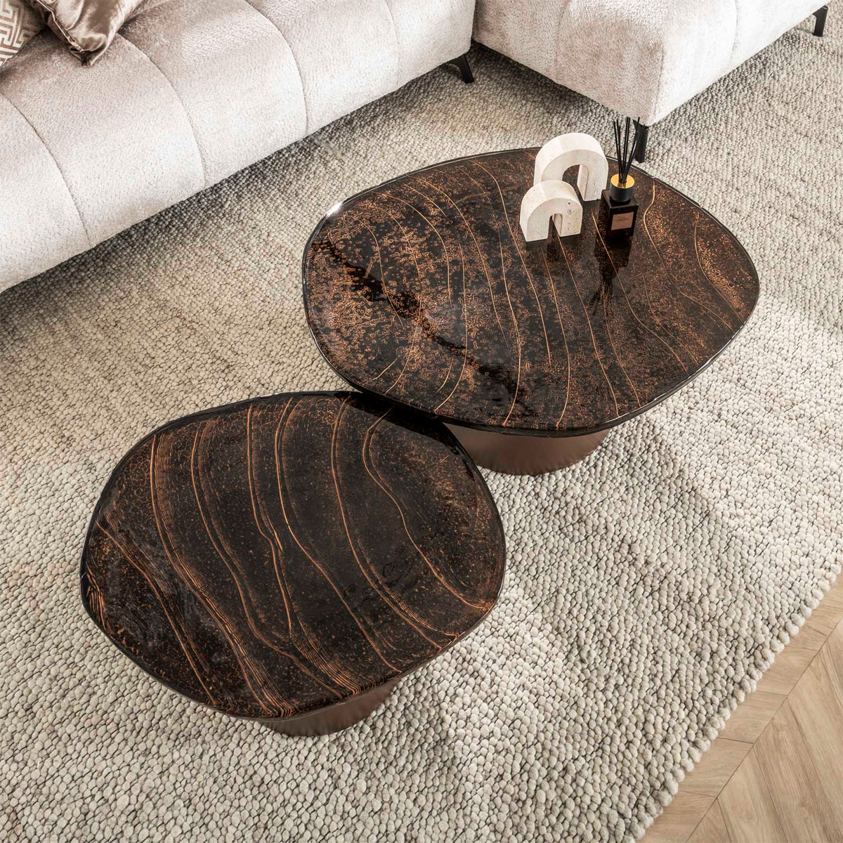 2er Set Couchtisch Ellipse Glas Kupfer antik Finish