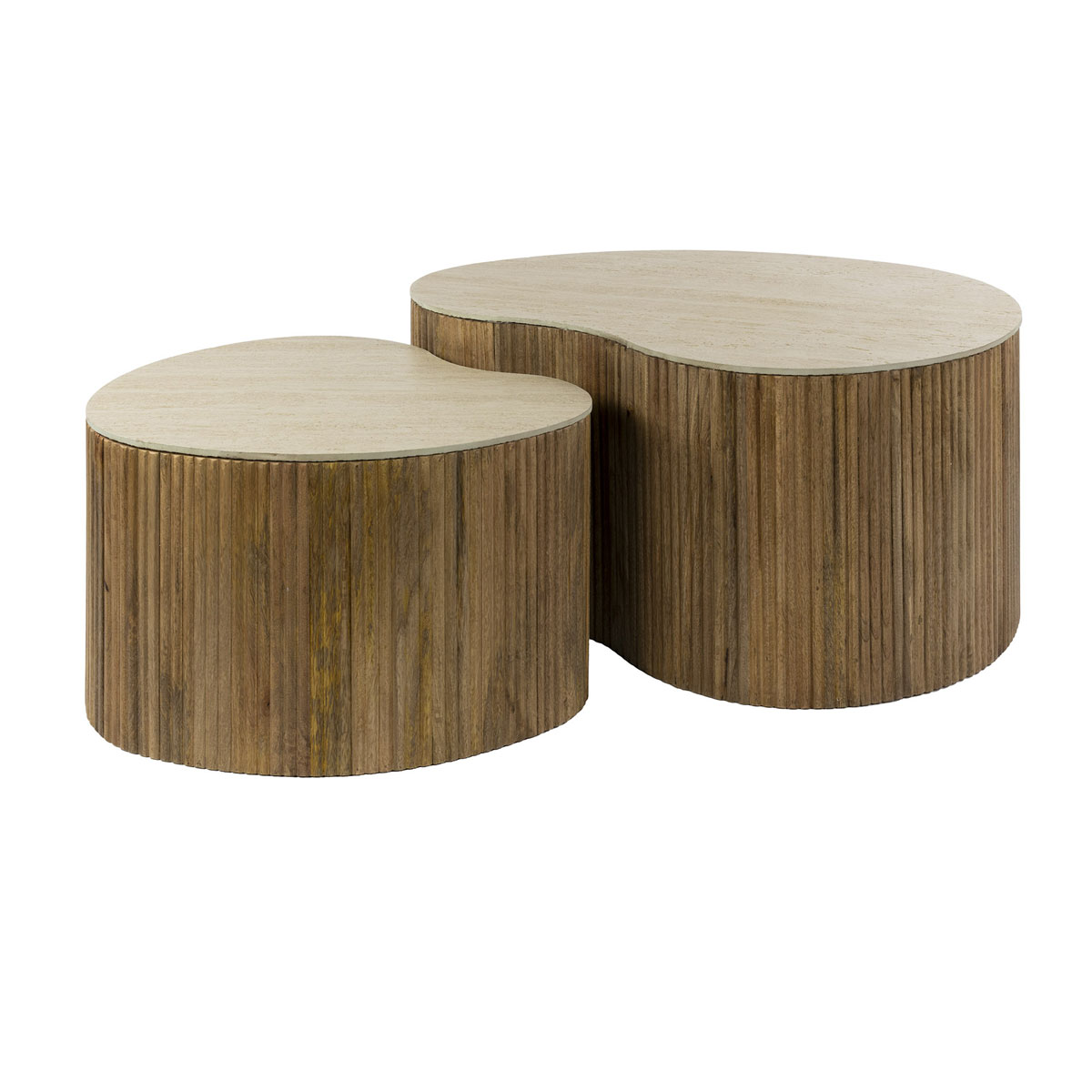 2er Set Couchtisch FLUVIO II organisch Keramik Travertinoptik Mangoholz sandfarben