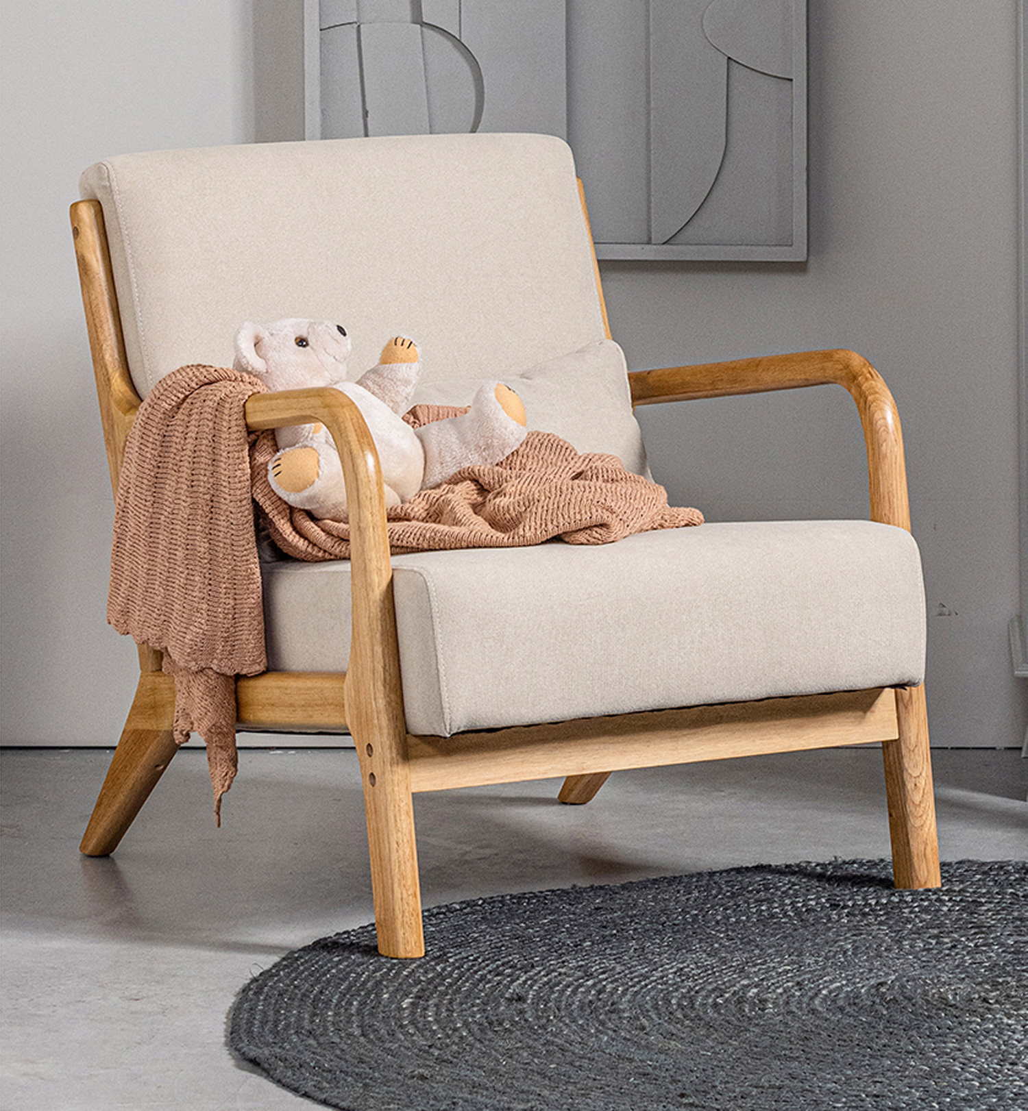 woood Lounge Sessel Mark Webstoff naturel Holz Sessel Polstersessel Fernsehsessel Armlehnsessel