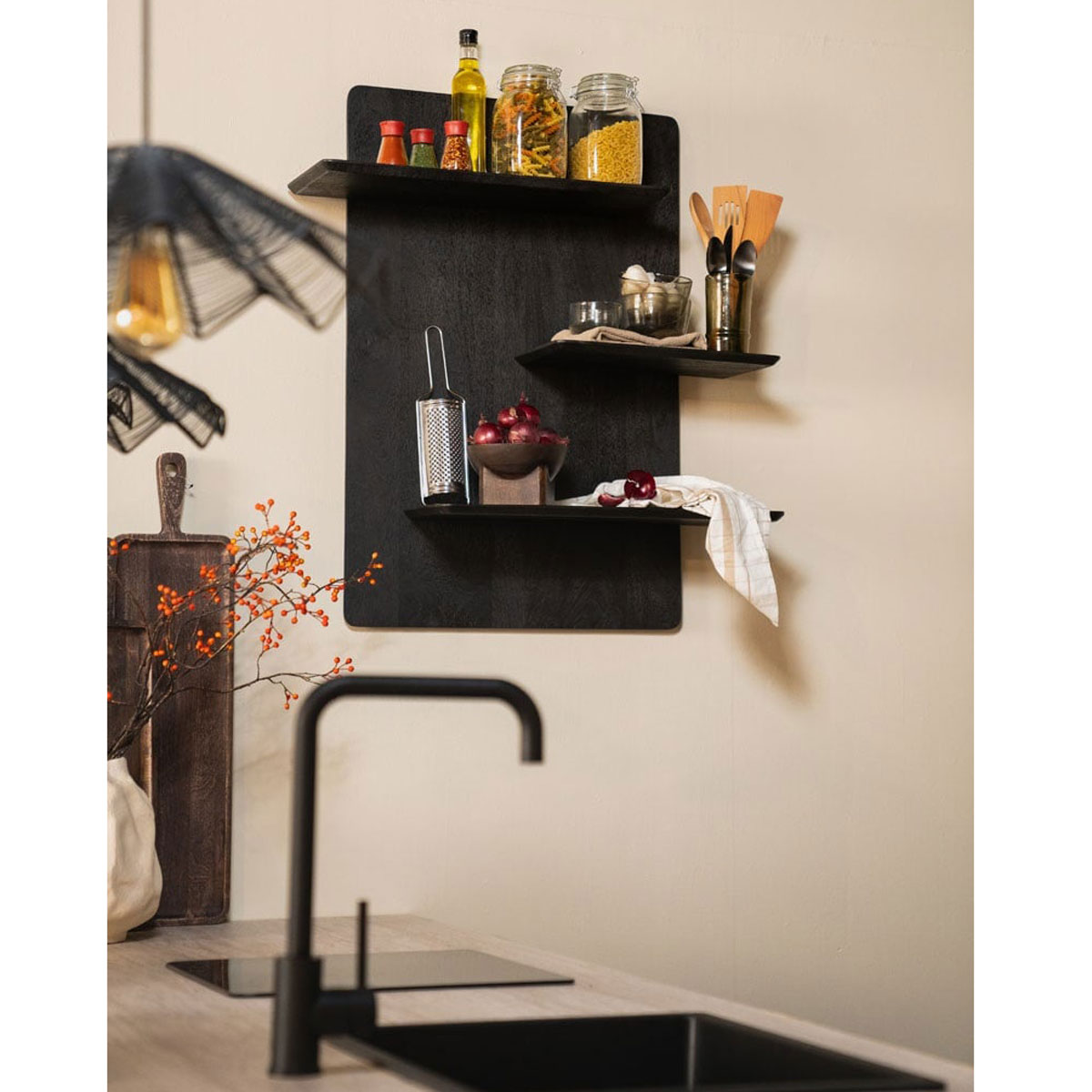 Wandregal Seco mit 3 Regalböden Mango Massivholz schwarz