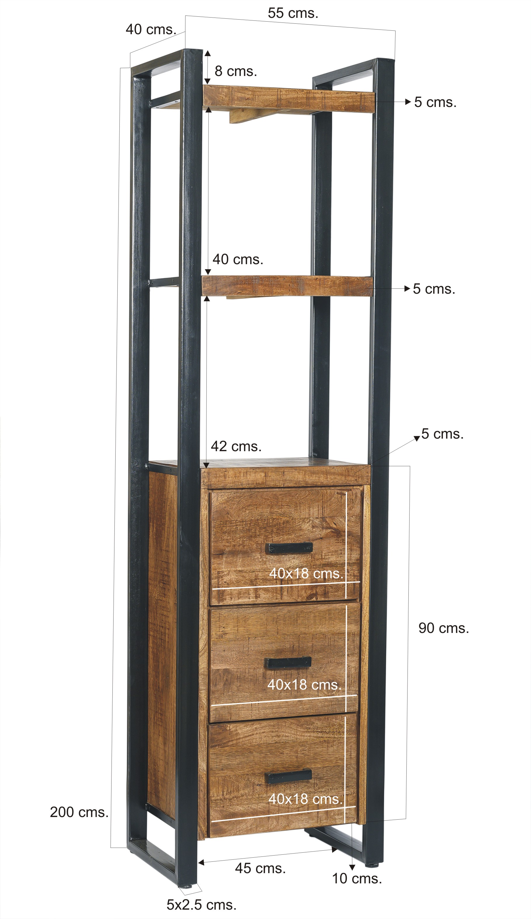 Schank Regal mit 3 Schubladen Nairobi B 55 cm Mangoholz massiv Bücherschrank