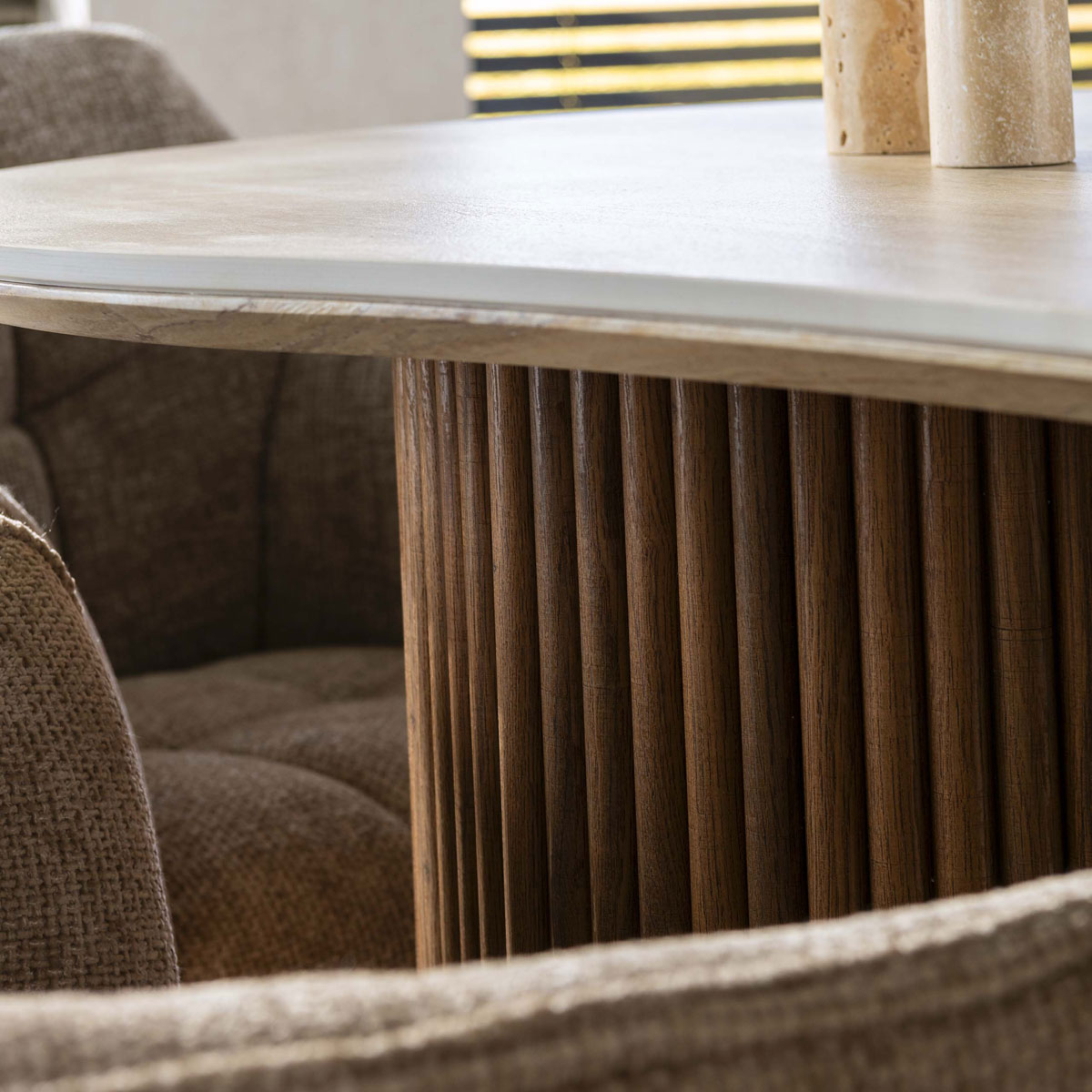 Esstisch VERONA nierenform 215 x 120 cm 3D Keramikplatte Travertinoptik Holzoptik