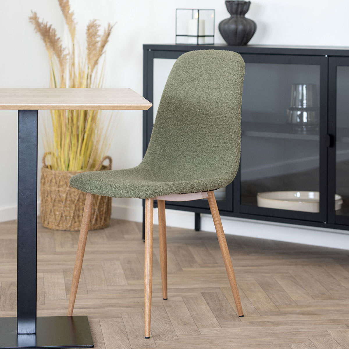 2er Set Esstischstuhl OSLO Bouclé dunkelgrün Dinnerstuhl