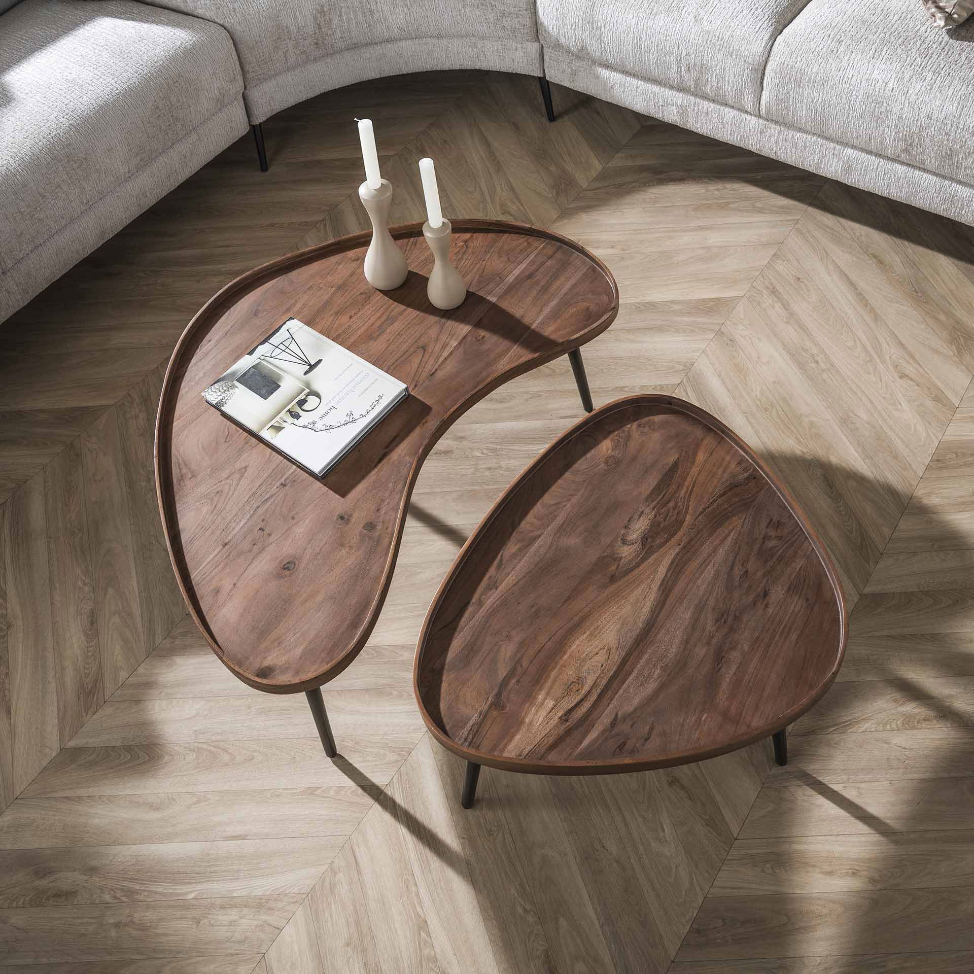 2er Set Couchtisch Soul Akazie Massivholz braun Metall Tischset