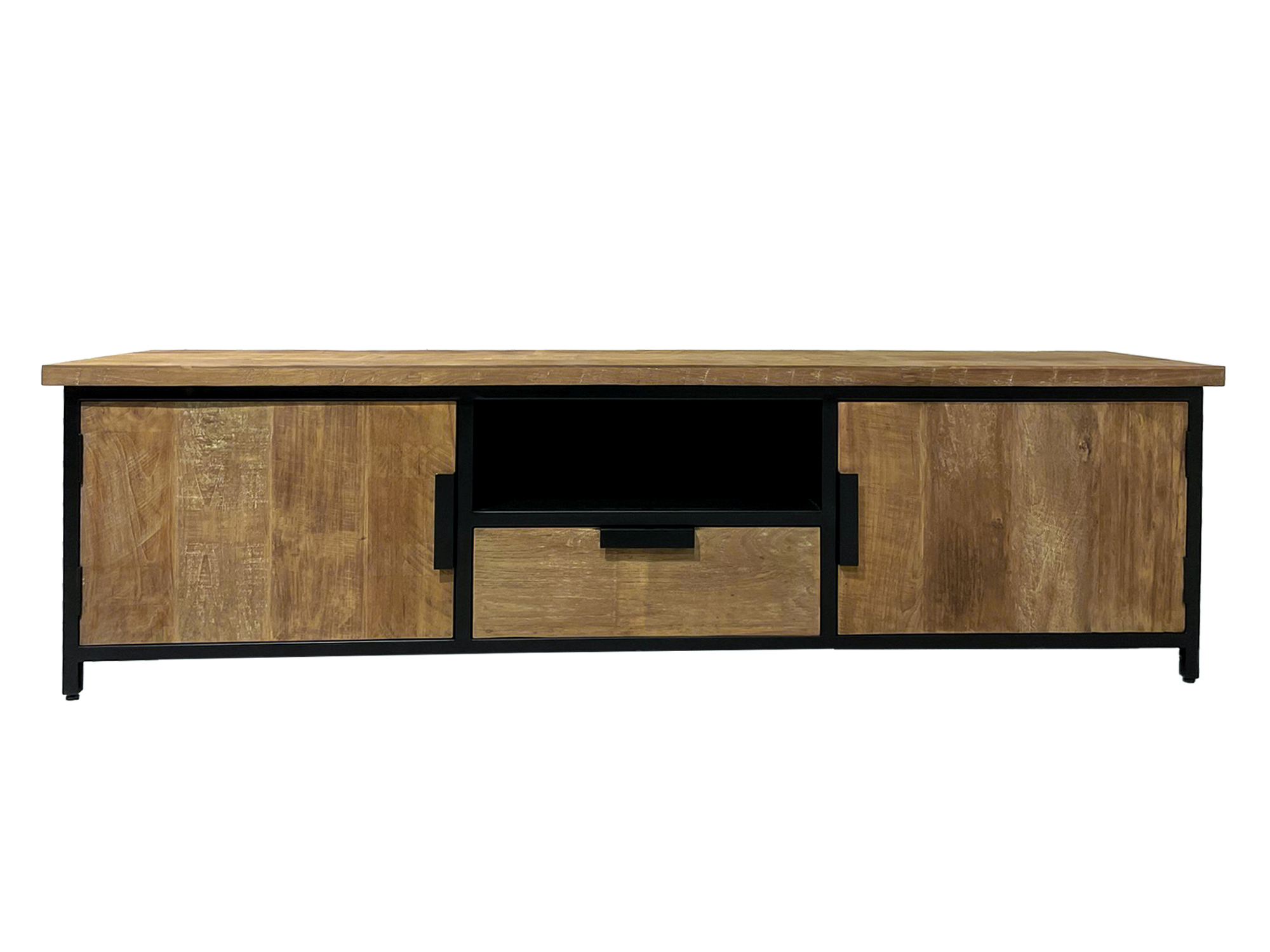 Lowboard TV Möbel Tomar 180 cm Teakholz natur Metall schwarz