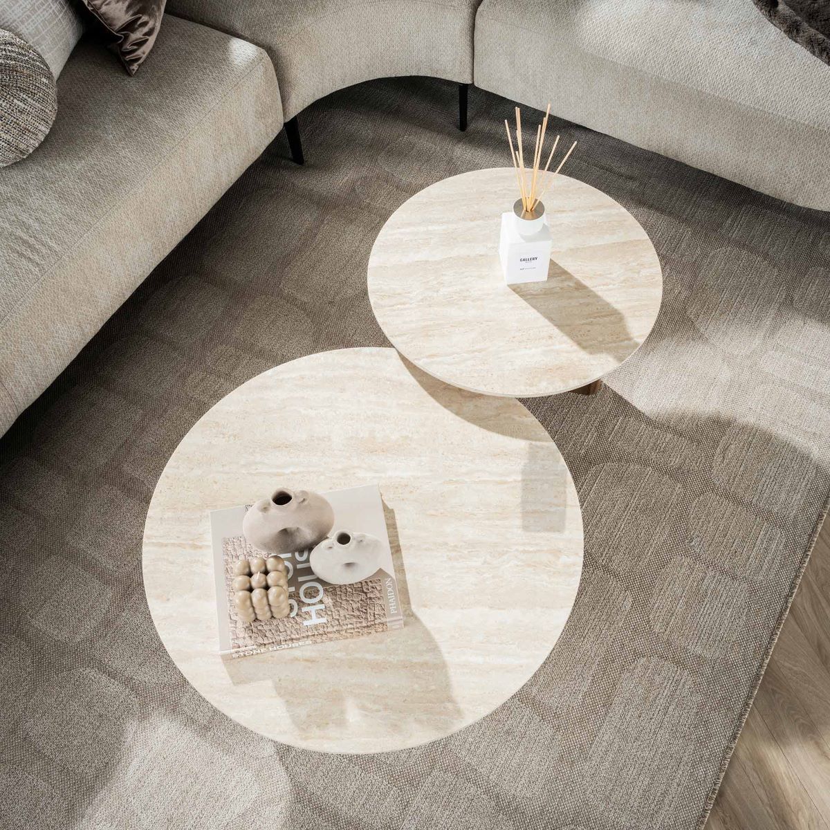 2er Set Couchtisch Venezia rund Keramik Travertinoptik Beige