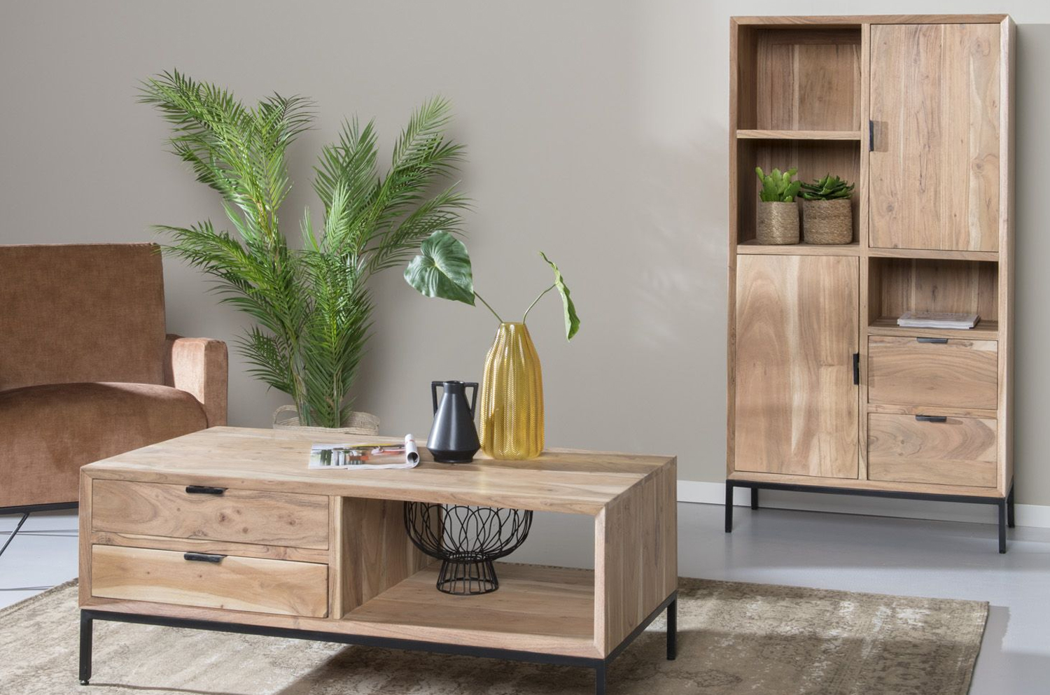 Highboard Schrank Oslo H 155 cm Akazienholz Metall