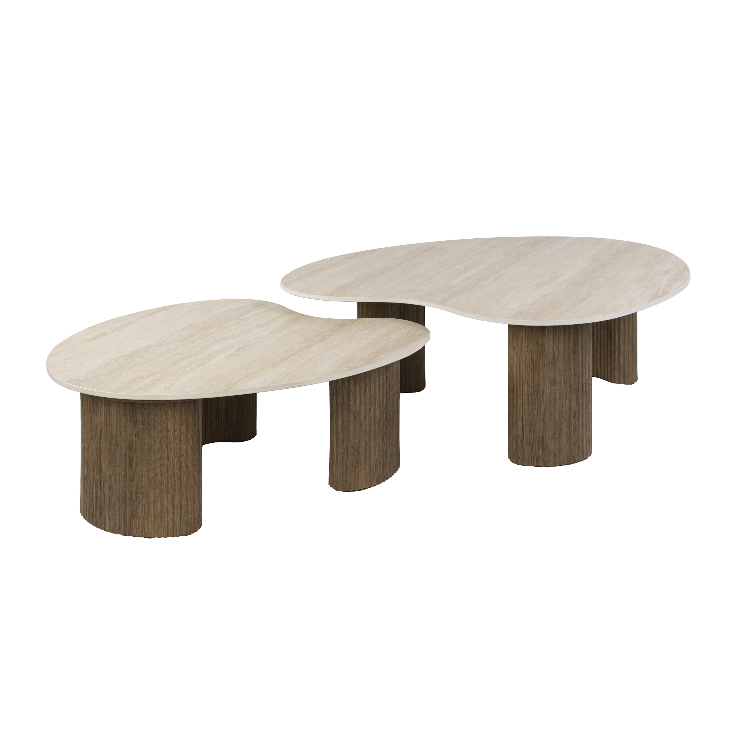 2 er Set Couchtisch JAHAN organisch 3D-Keramik Travertin-Optik
