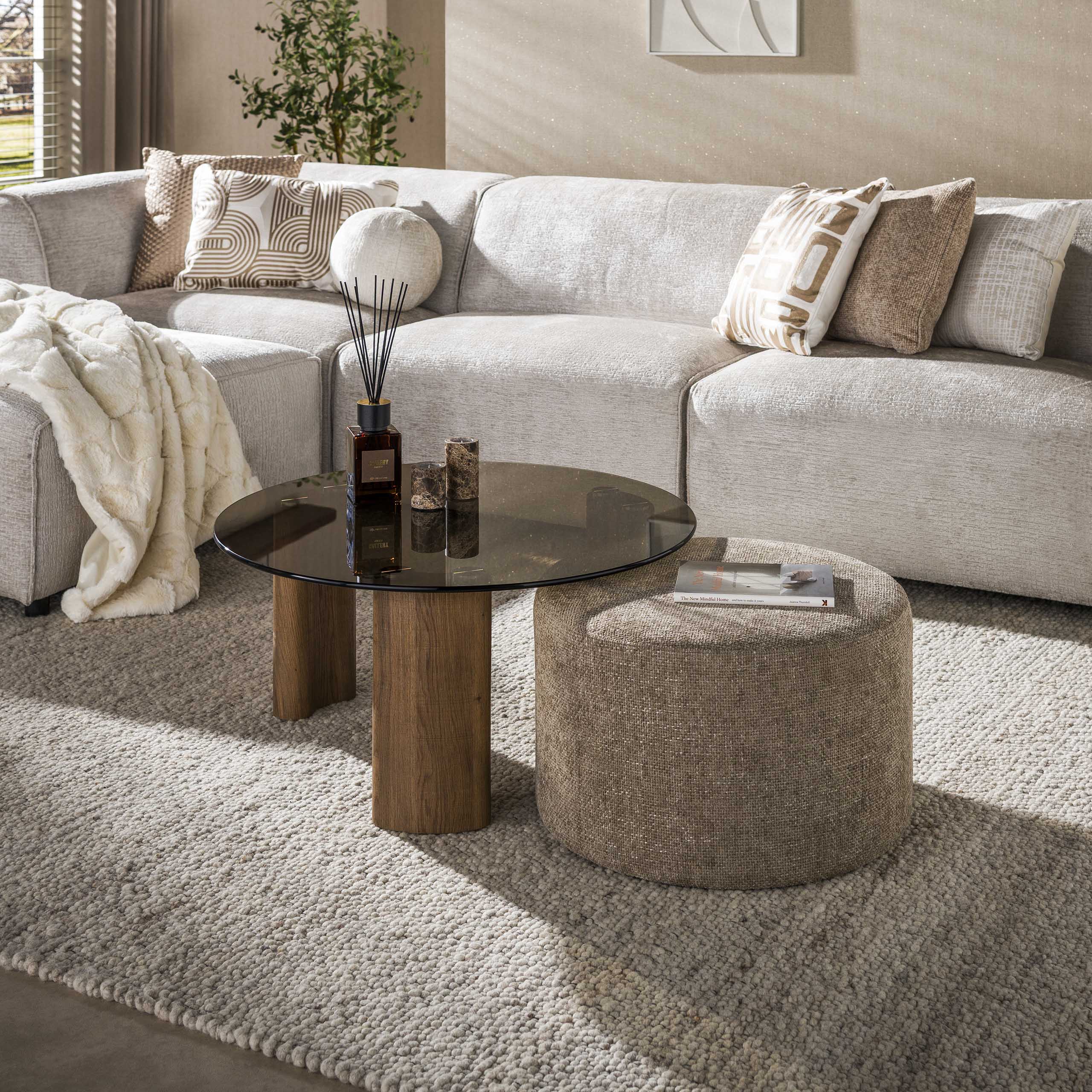 Set Couchtisch SAMOS rund Ø 80 cm Glasplatte mit Pouf sandfarben