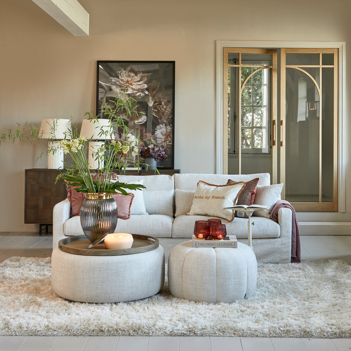 Rivièra Maison Pouf Babylon mit Tablett Large Weiß/Natur