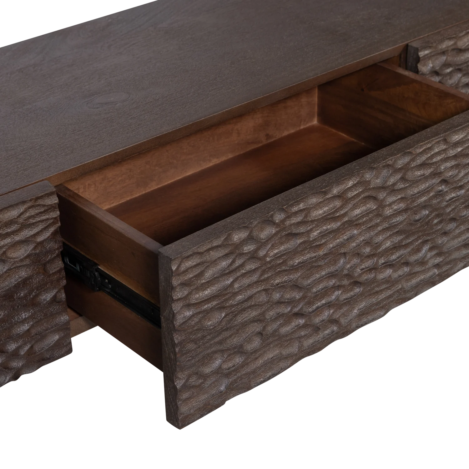 TV Möbel Lowboard CRUMBLE 180 cm geschnitztes Mangoholz wallnussfarben
