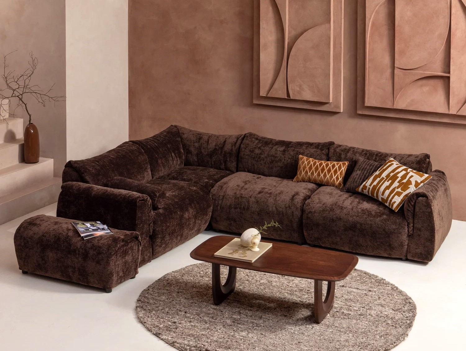 woood Ecksofa BAGGY 3D Chenille dunkelbraun Chaiselongue links