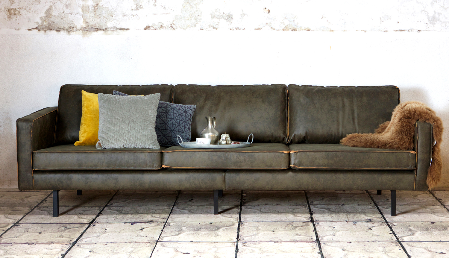 BePureHome 3 Sitzer Sofa RODEO recyceltes Leder army grün