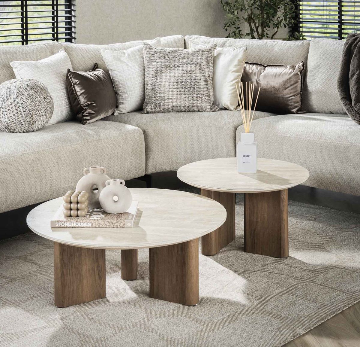 2er Set Couchtisch Venezia rund Keramik Travertinoptik Beige