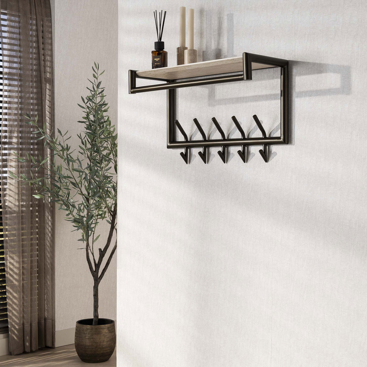 Wandgarderobe NERO B 65 cm mit 10 Haken Hutablage Travertin-Optik Metall Bronzefinish