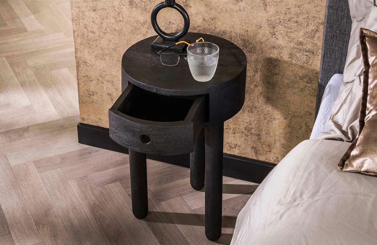 Nachtschränkchen NOIR rund H 55 cm Akazie schwarz Nachttisch