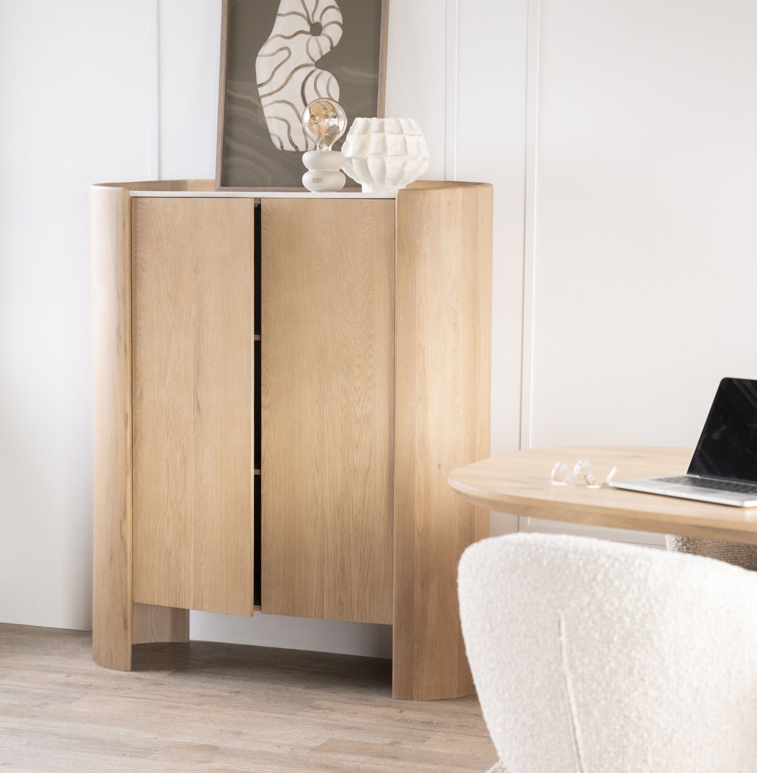Highboard Don mit 2 Türen Eiche Holz Furnier hellbraun Marmor