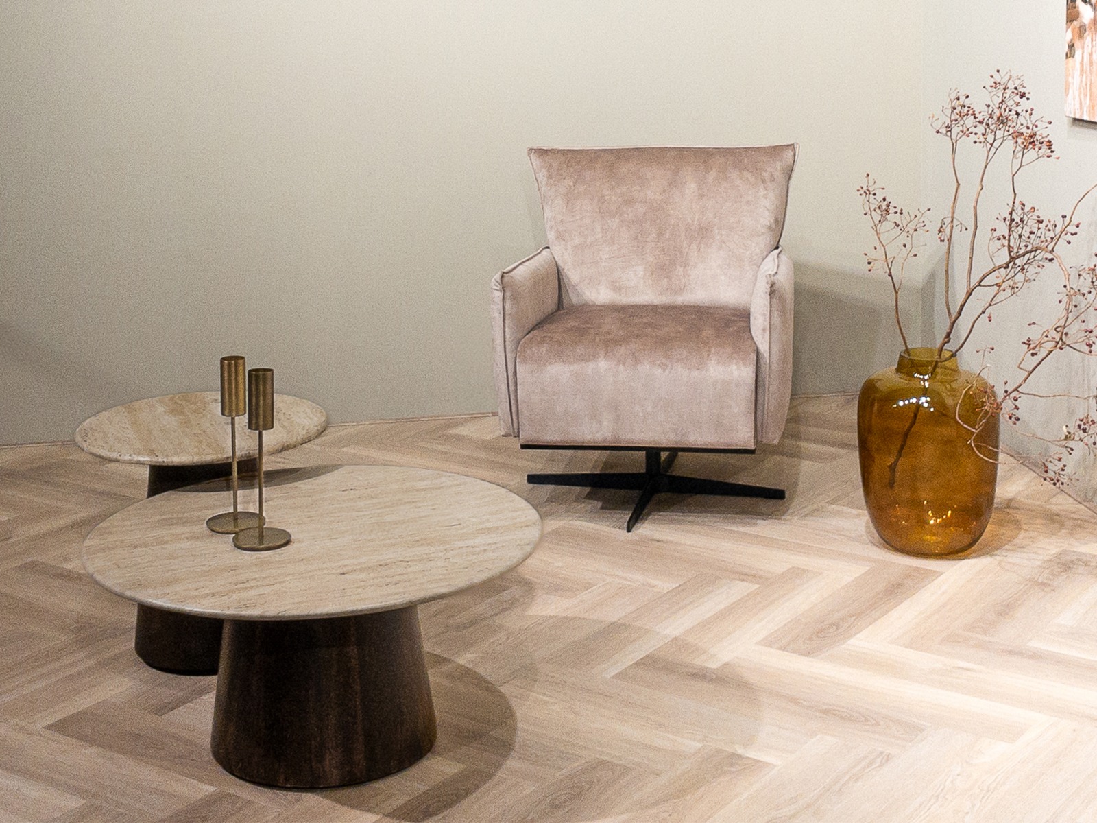 Couchtisch Valentino rund Ø  75 cm mit Travertin Tischplatte natur Mangoholz