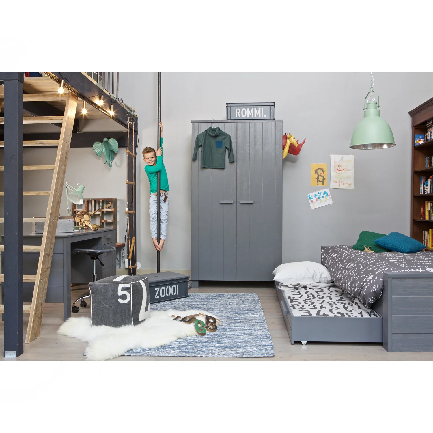woood Kleiderschrank DENNIS Schrank Kiefer stahlgrau