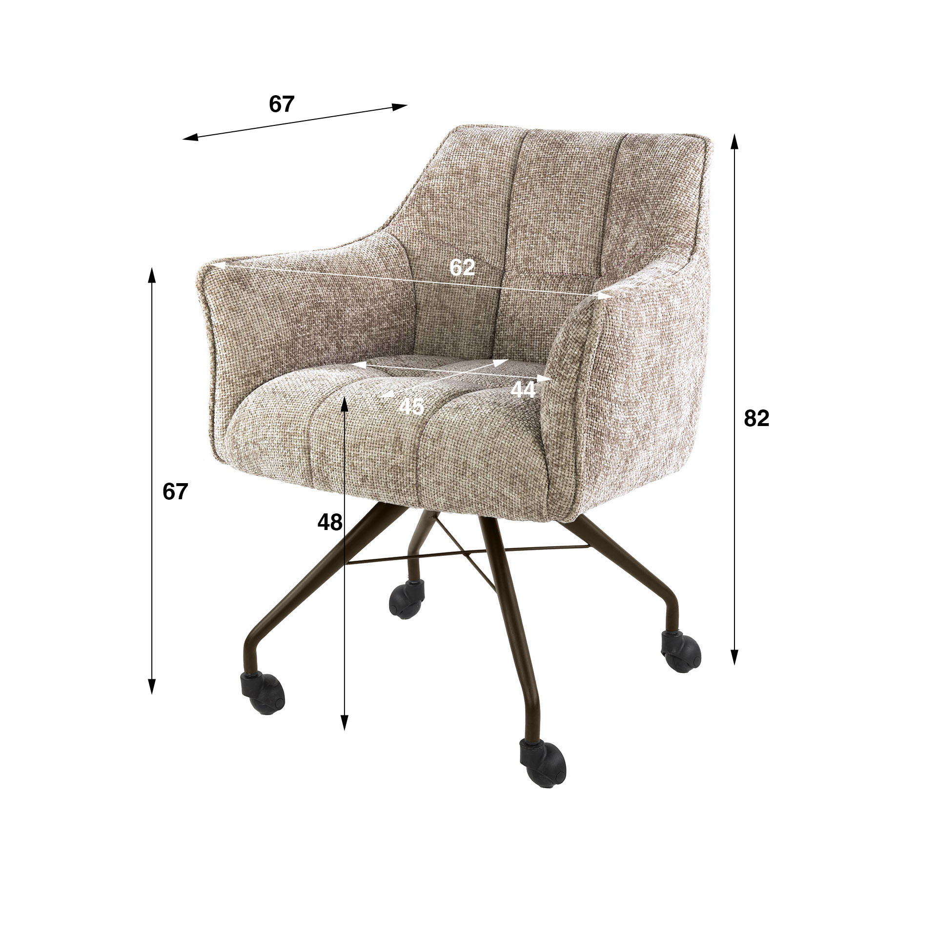 2er Set Armlehnstuhl Fino auf Rollen Chenille sand Beine braun