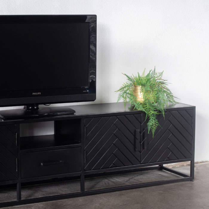 Industrie TV Möbel Lowboard BOB 210 cm Mangoholz Fischgrät schwarz