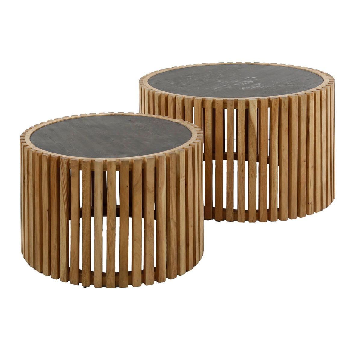 2er Set Couchtisch Schiefer rund Schiefer Akazienholz Tischset