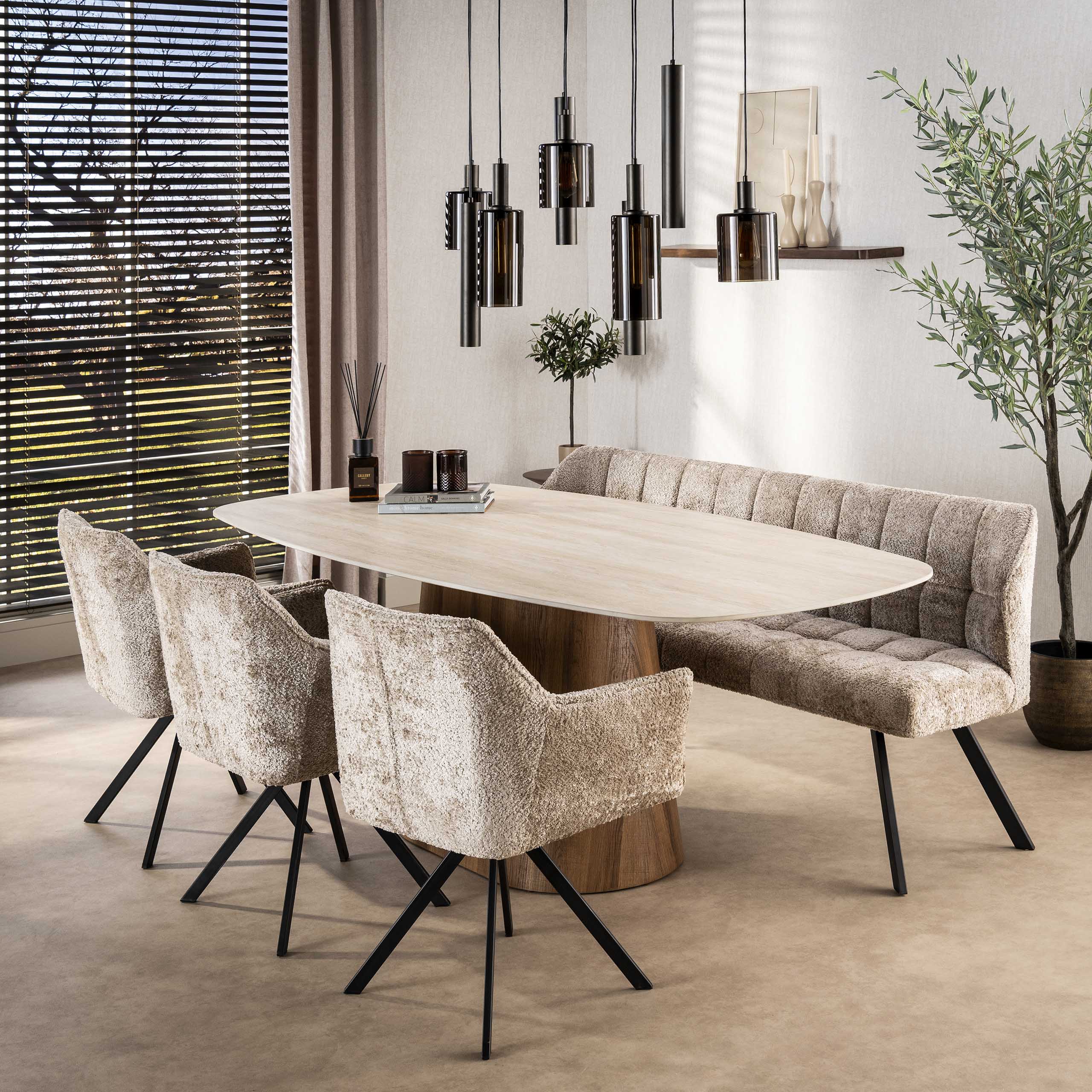 FINO Essgruppe Sandfarben – Sitzbank & 3 drehbare Stühle