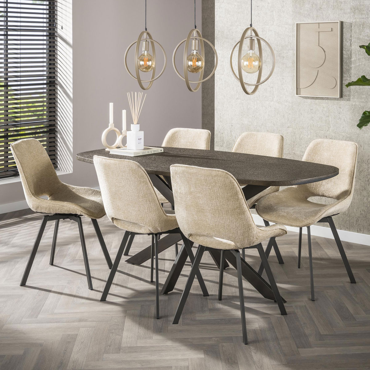 Esstisch MENNO 180 x 95 cm oval Holzplatte mit Metallic-Optik Metallgestell